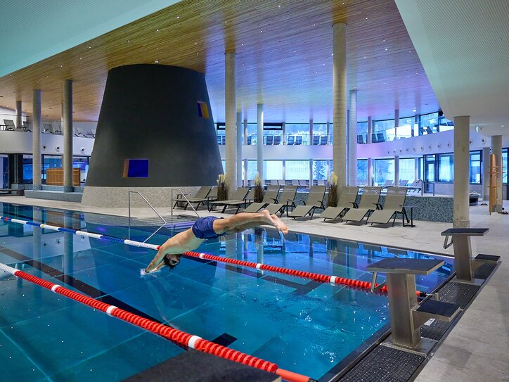 A swimmer dives headfirst into the sports pool